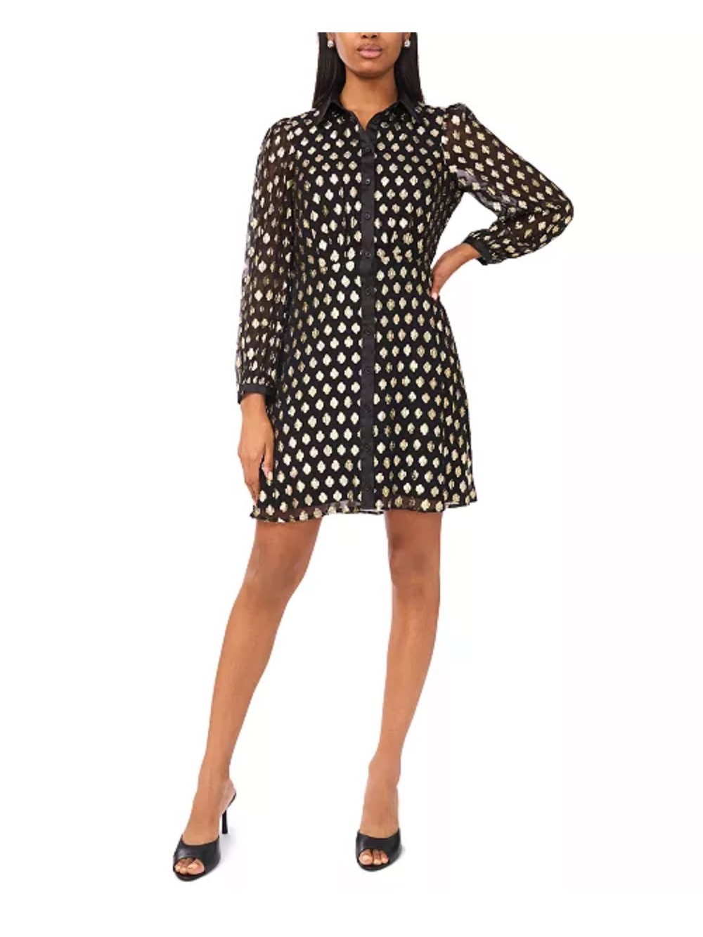 Macys - Black and Gold Patterned Long-Sleeve Shirt Dress
